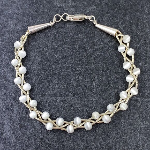 Sterling Liquid Silver 925 Women's Braid White Synthetic Cat's Eye Bracelet 7.5" - Picture 1 of 5